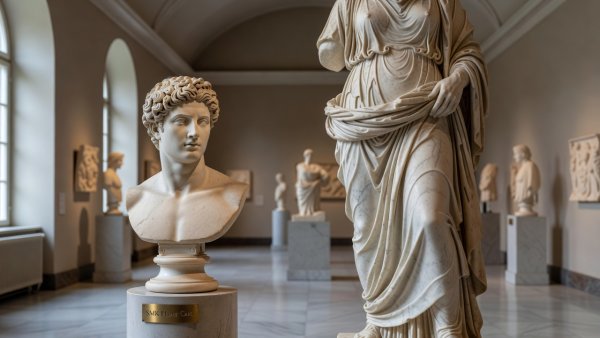 Detailed marble drapery and plaster bust cast in a Danish museum gallery