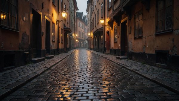 Wet cobblestones reflecting amber lanterns in Gamla Stan alleyway