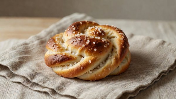 Twisted Swedish cardamom bun topped with pearl sugar on rough linen cloth
